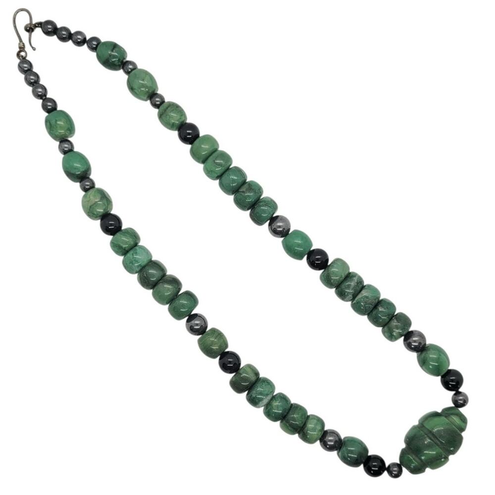 Beaded Necklace Vintage Malachite Hematite Green Black Graduated Boho Statement